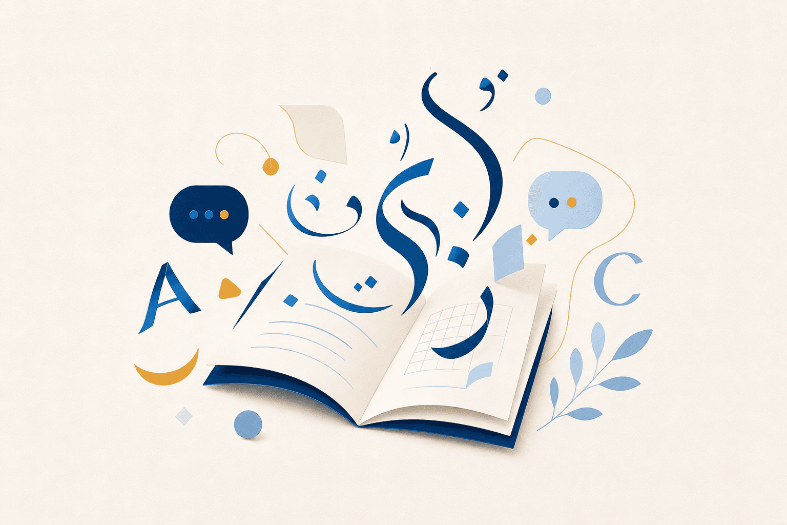 An open book with friendly language-learning speech cards and progress symbols.